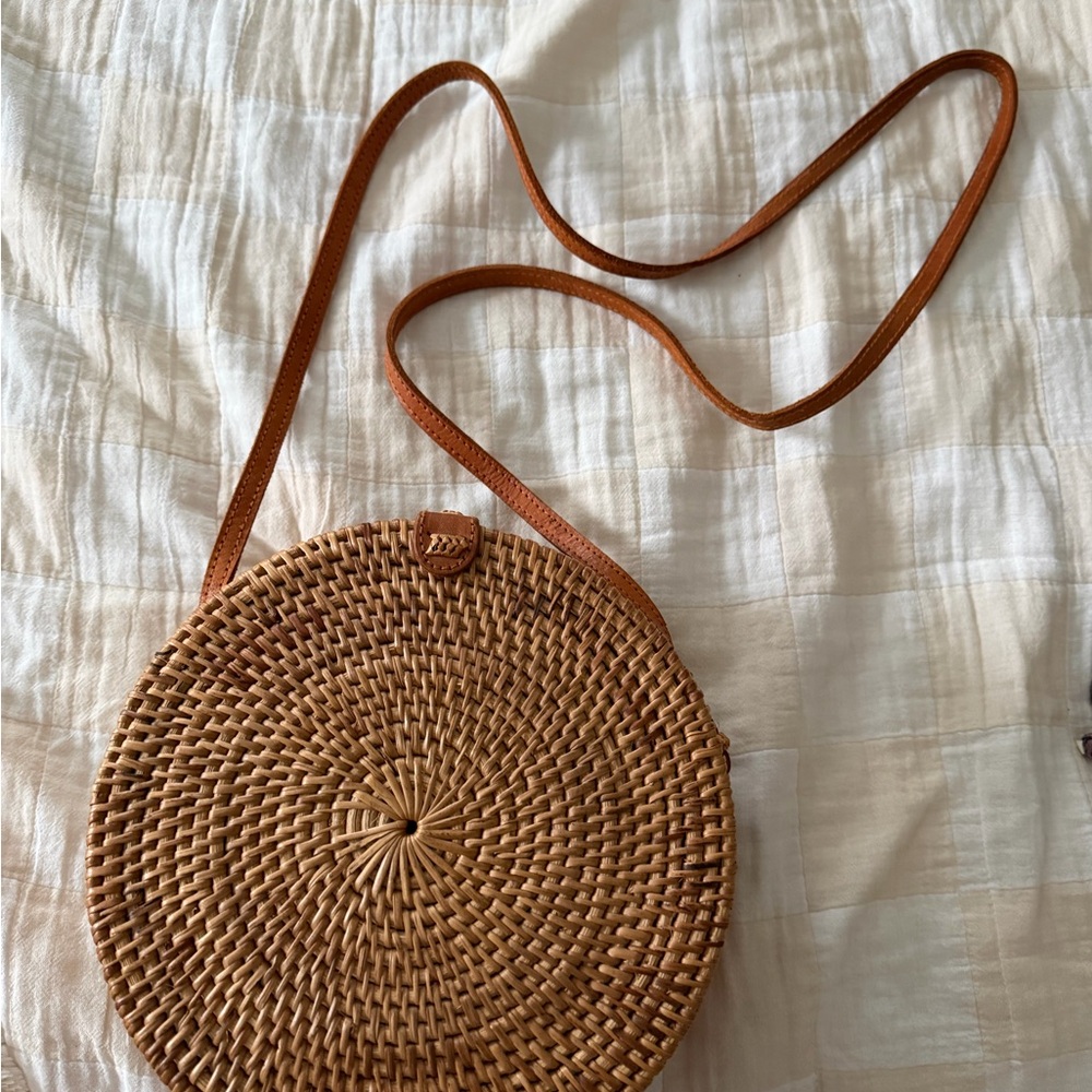 Round Woven Tan Crossbody Bag